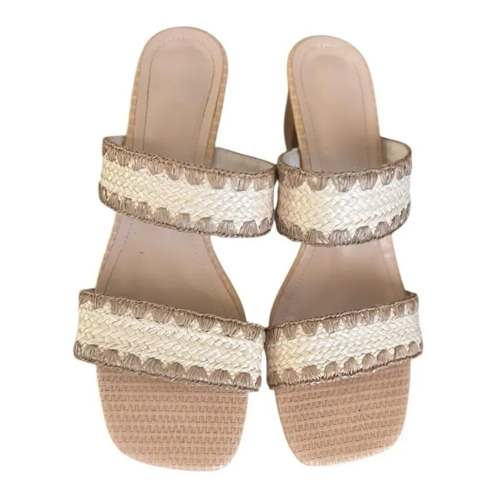 N.N.G Braided Tan Chunky Heel Square Toe Leather Woven Heels Mules Slides